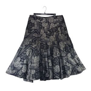 Lauren Ralph Lauren sz 14 Black Bandana Midi Skirt Flared Hem Flat Front Paisley
